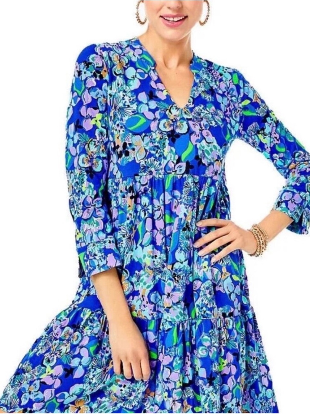 Lilly Pulitzer Alaina Blue Grotto Floral 3/4 Sleeve Dress Cottage Core